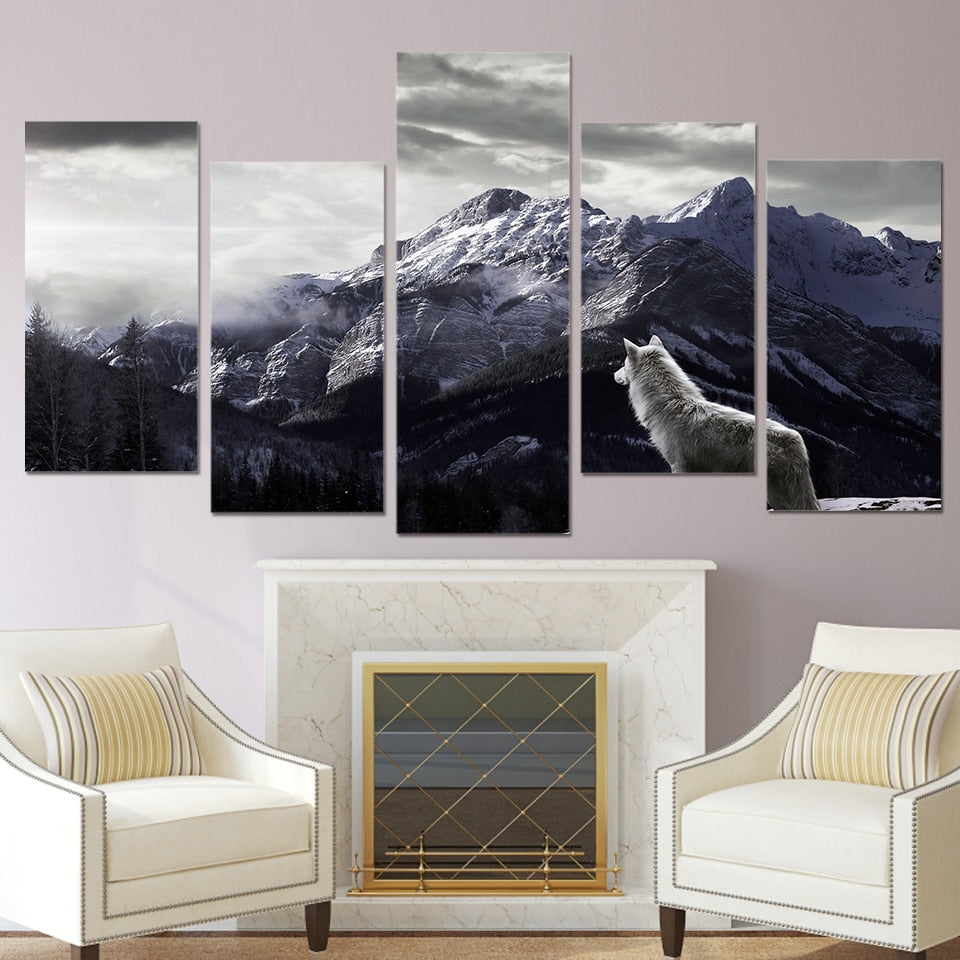 Snowy Mountain Plateau Wolf Paintings Framed 5 Piece Canvas Wall Art