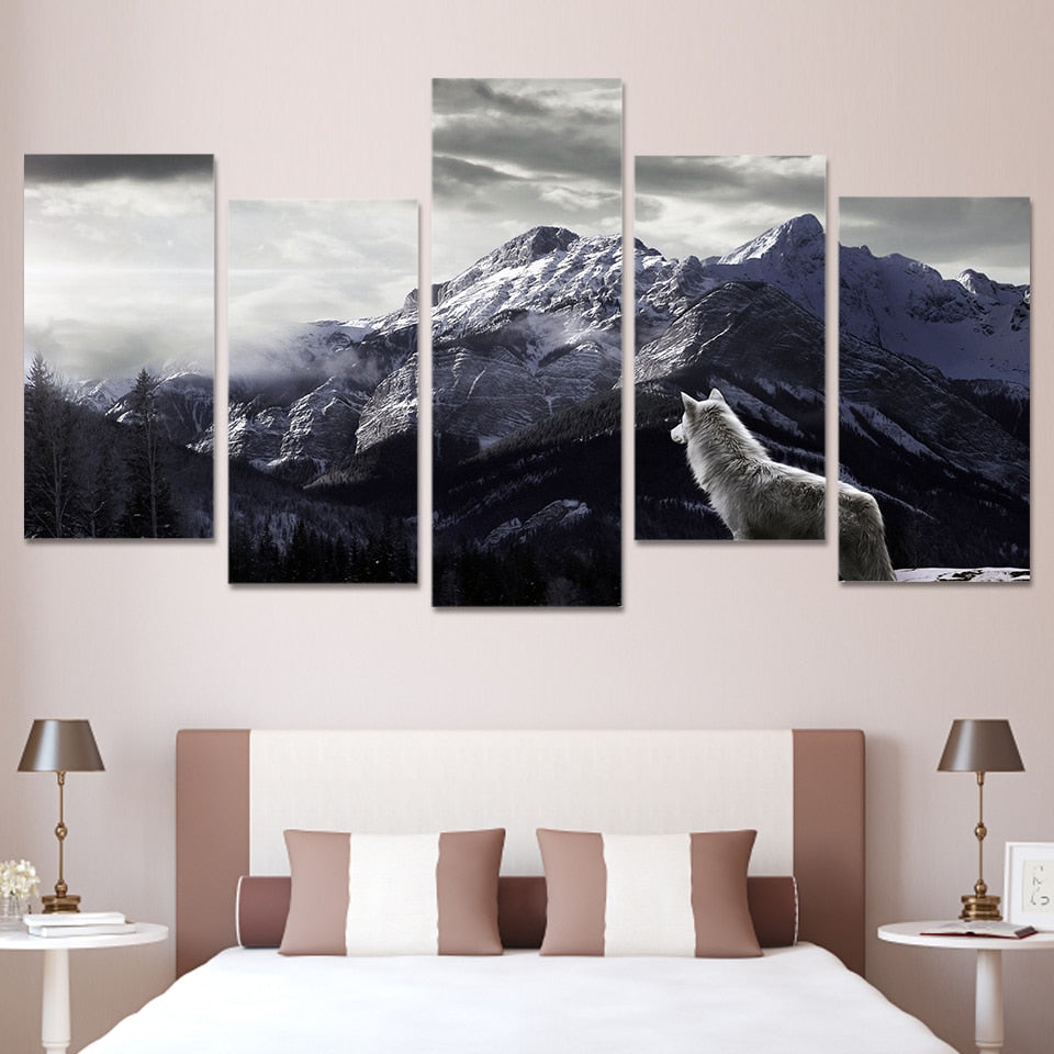 Snowy Mountain Plateau Wolf Paintings Framed 5 Piece Canvas Wall Art