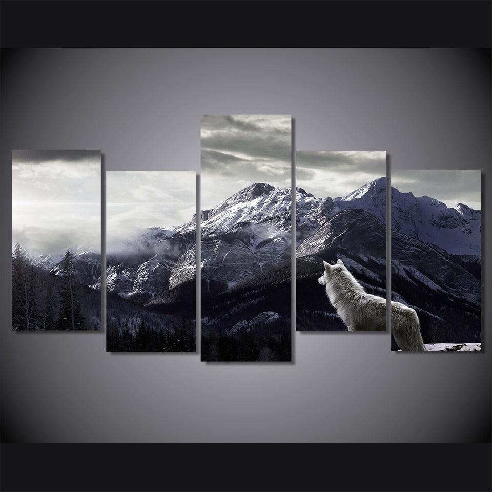 Snowy Mountain Plateau Wolf Paintings Framed 5 Piece Canvas Wall Art