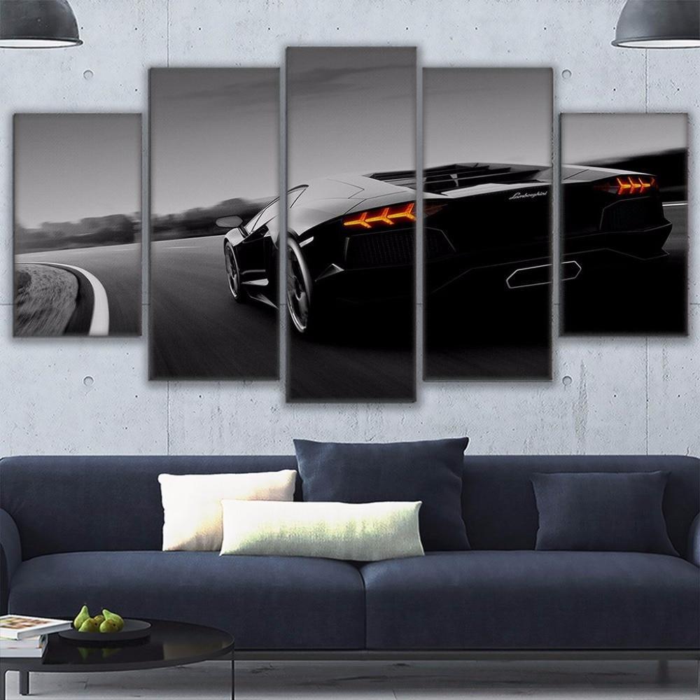 Black Luxury Lamborghini Sports Car Framed 5 Piece Canvas Wall Art