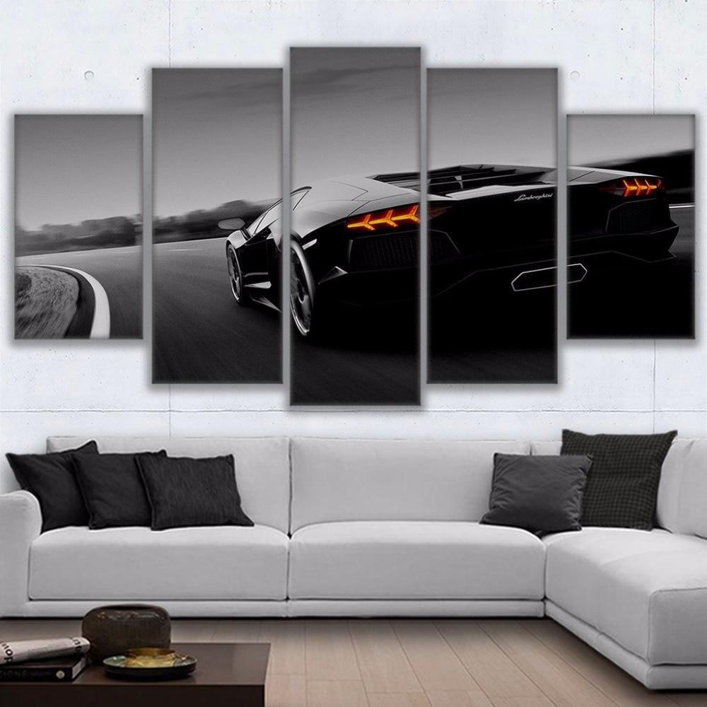 Black Luxury Lamborghini Sports Car Framed 5 Piece Canvas Wall Art