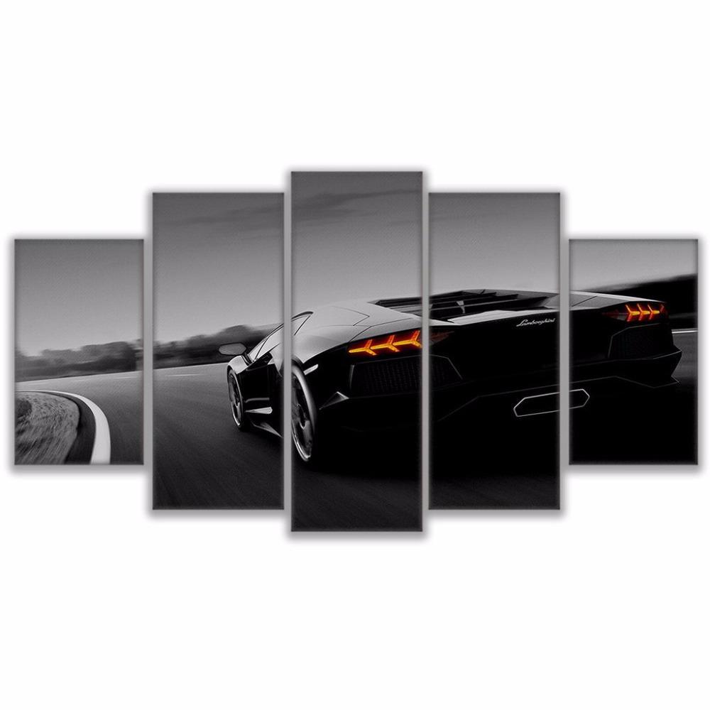 Black Luxury Lamborghini Sports Car Framed 5 Piece Canvas Wall Art