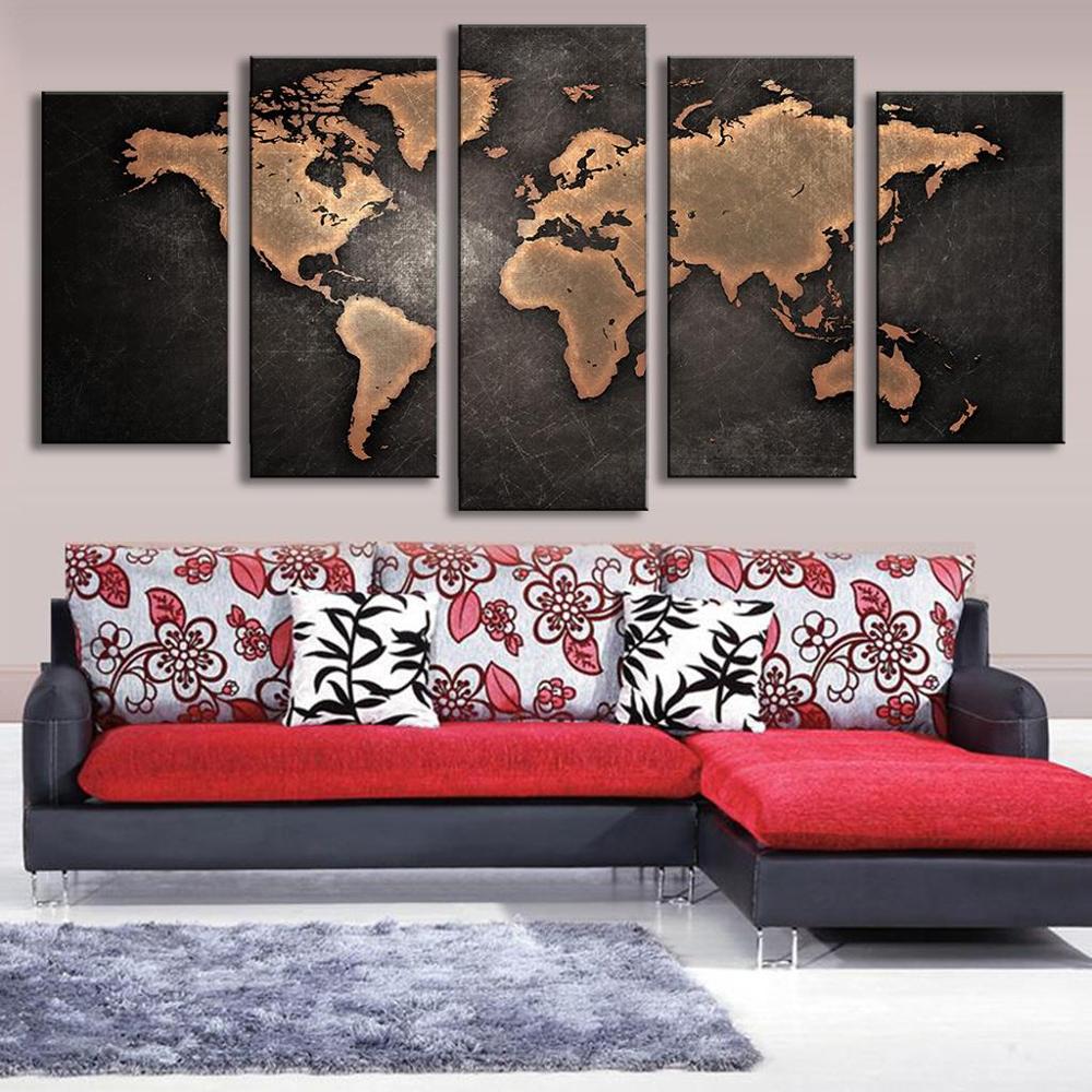 Retro World Map 5 Piece Canvas Wall Art