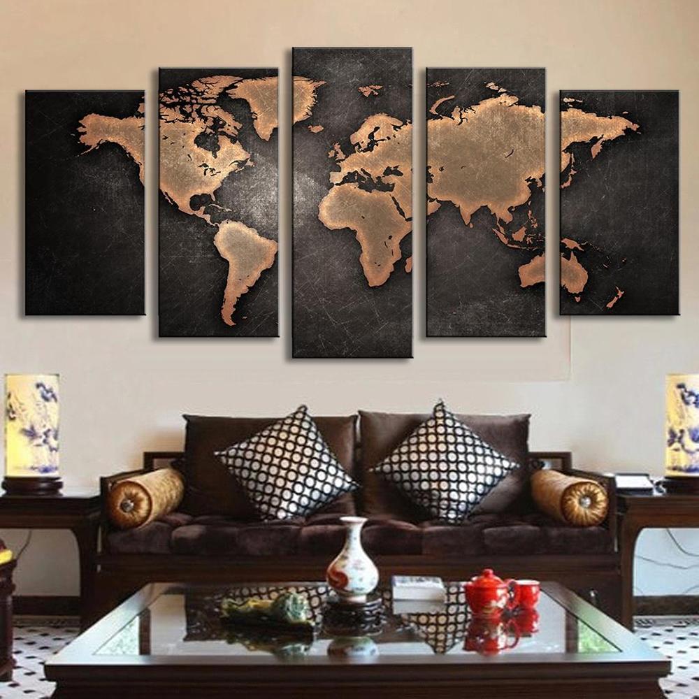 Retro World Map 5 Piece Canvas Wall Art