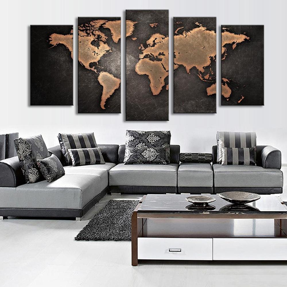 Retro World Map 5 Piece Canvas Wall Art