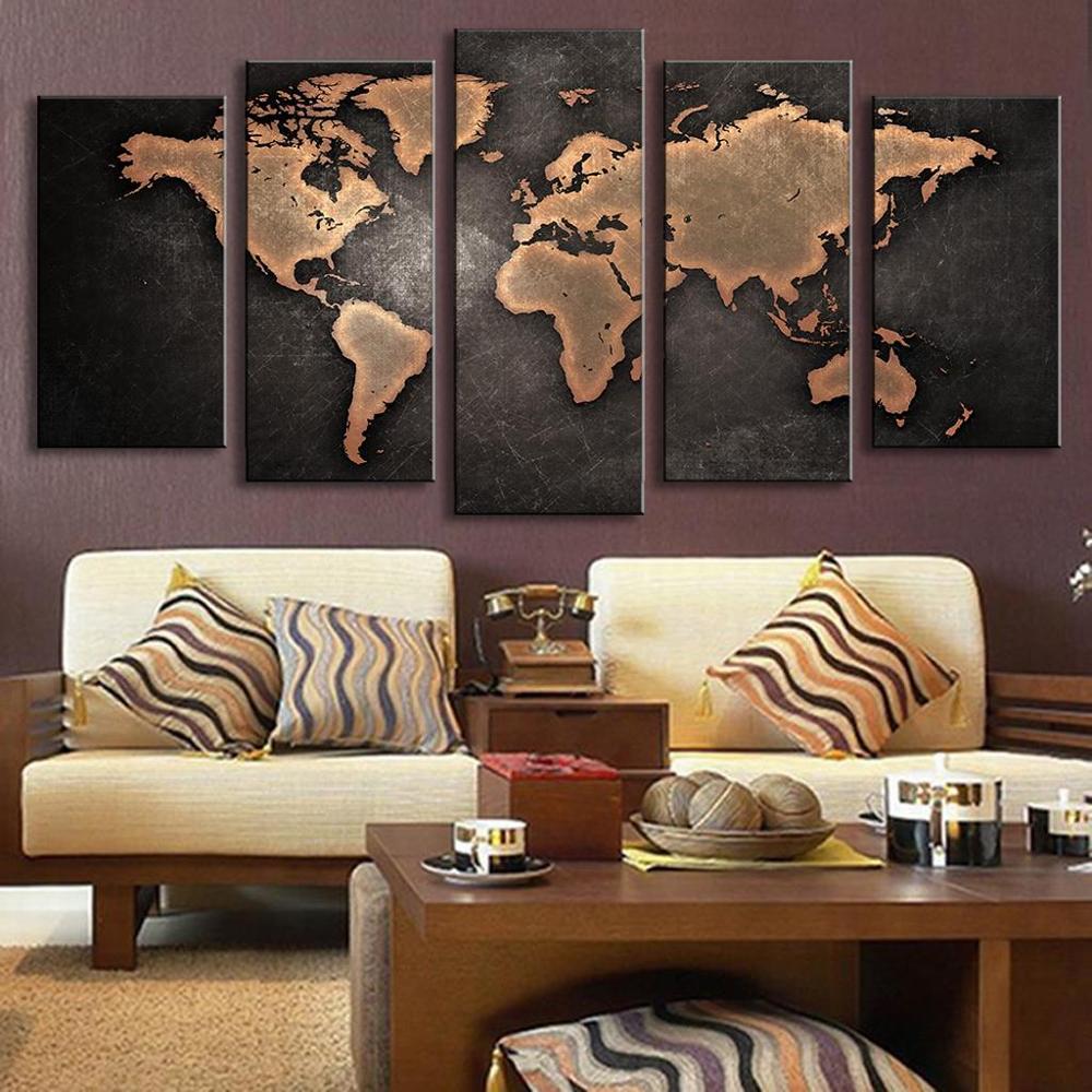 Retro World Map 5 Piece Canvas Wall Art