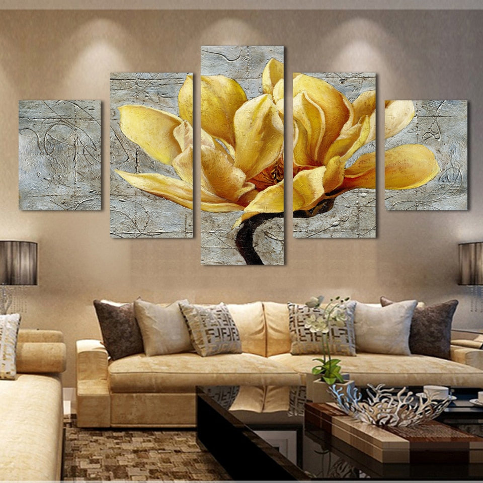 Beautiful Gold Orchid Flower Painting Framed 5 Piece Canvas Wall Art