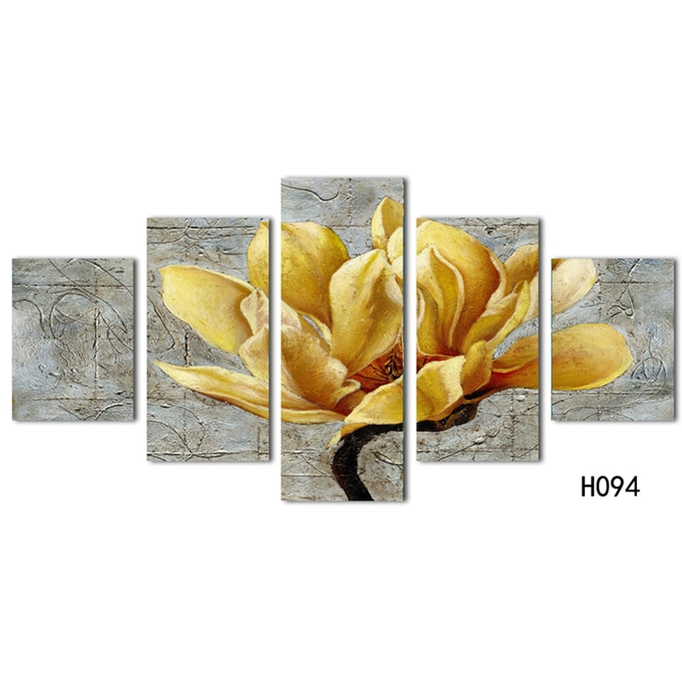 Beautiful Gold Orchid Flower Painting Framed 5 Piece Canvas Wall Art