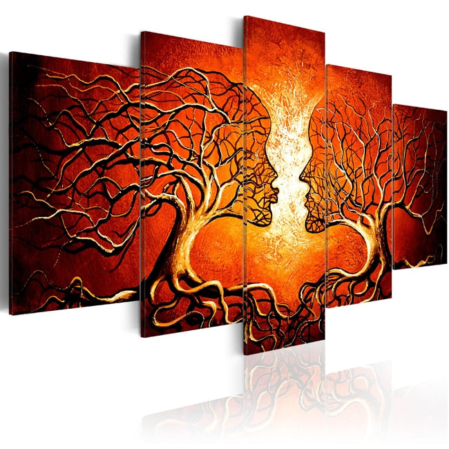Red Color Tree Human Branches Framed 5 Piece Canvas Wall Art