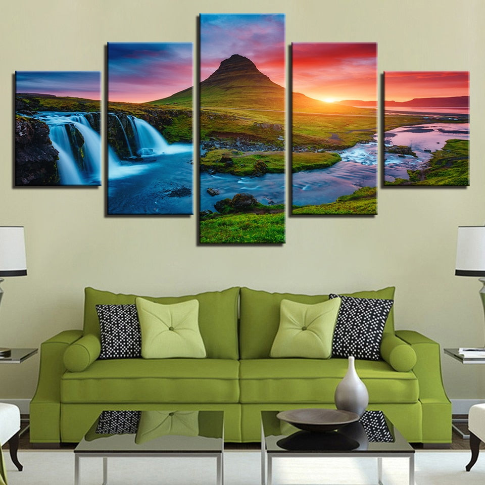 Beautiful Panoramic Iceland Waterfall, Mountain & River Scenic Landscape 5 Piece Canvas Wall Art