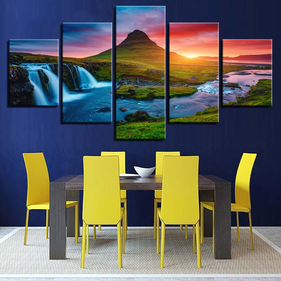 Beautiful Panoramic Iceland Waterfall, Mountain & River Scenic Landscape 5 Piece Canvas Wall Art