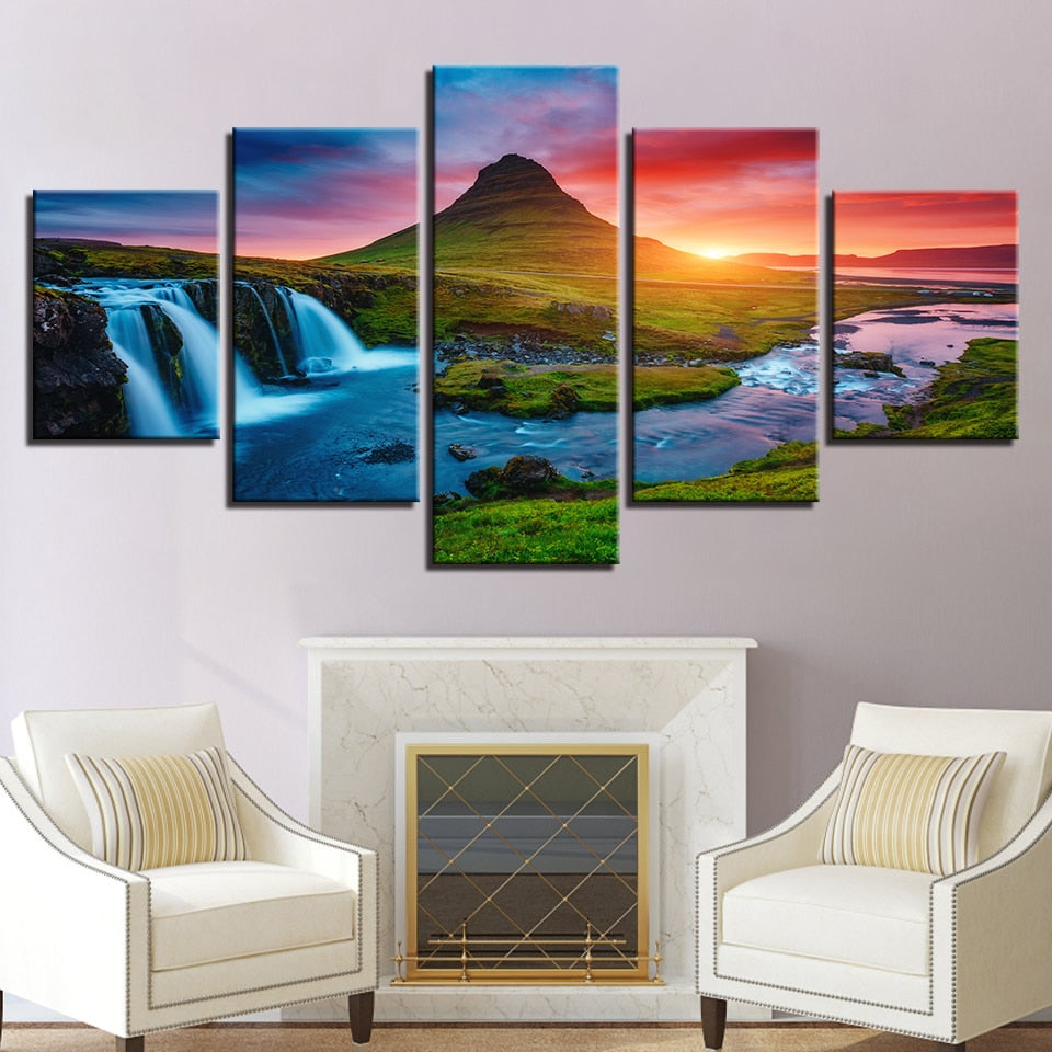 Beautiful Panoramic Iceland Waterfall, Mountain & River Scenic Landscape 5 Piece Canvas Wall Art