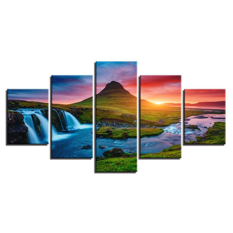 Beautiful Panoramic Iceland Waterfall, Mountain & River Scenic Landscape 5 Piece Canvas Wall Art