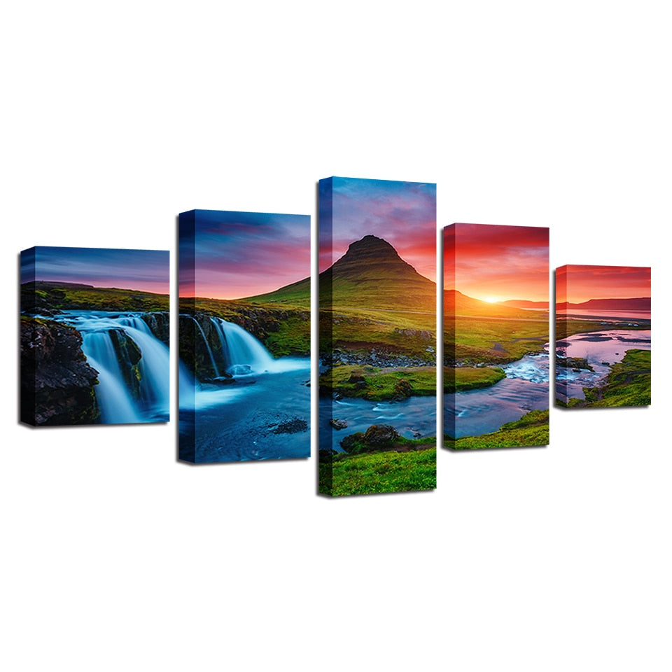 Beautiful Panoramic Iceland Waterfall, Mountain & River Scenic Landscape 5 Piece Canvas Wall Art