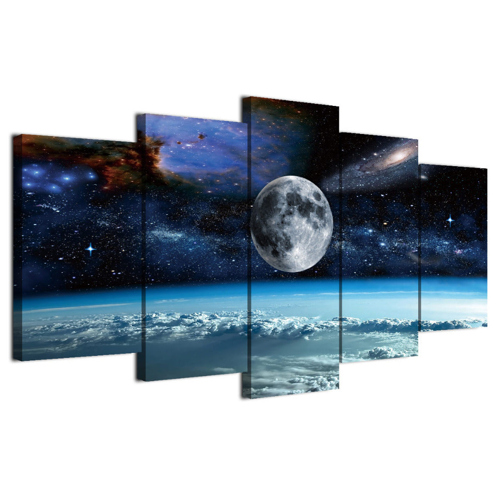 Outer Space Galaxies & Universe With Earth Moon & Stars Framed 5 Piece Canvas Wall Art