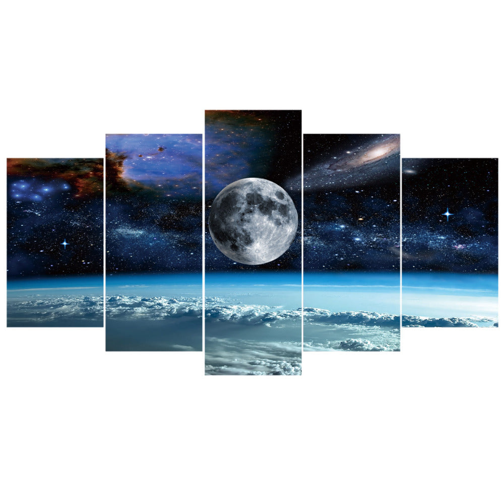 Outer Space Galaxies & Universe With Earth Moon & Stars Framed 5 Piece Canvas Wall Art