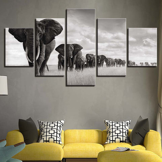 Elephant Herd Black & White Animal Framed 5 Piece Canvas Wall Art