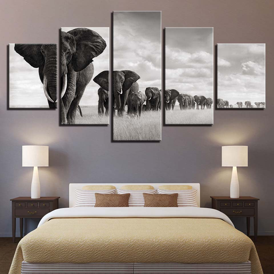 Elephant Herd Black & White Animal Framed 5 Piece Canvas Wall Art