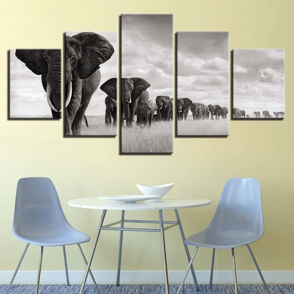 Elephant Herd Black & White Animal Framed 5 Piece Canvas Wall Art
