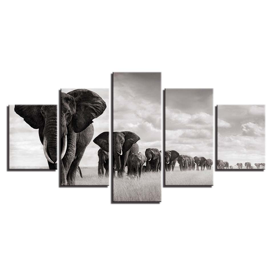 Elephant Herd Black & White Animal Framed 5 Piece Canvas Wall Art
