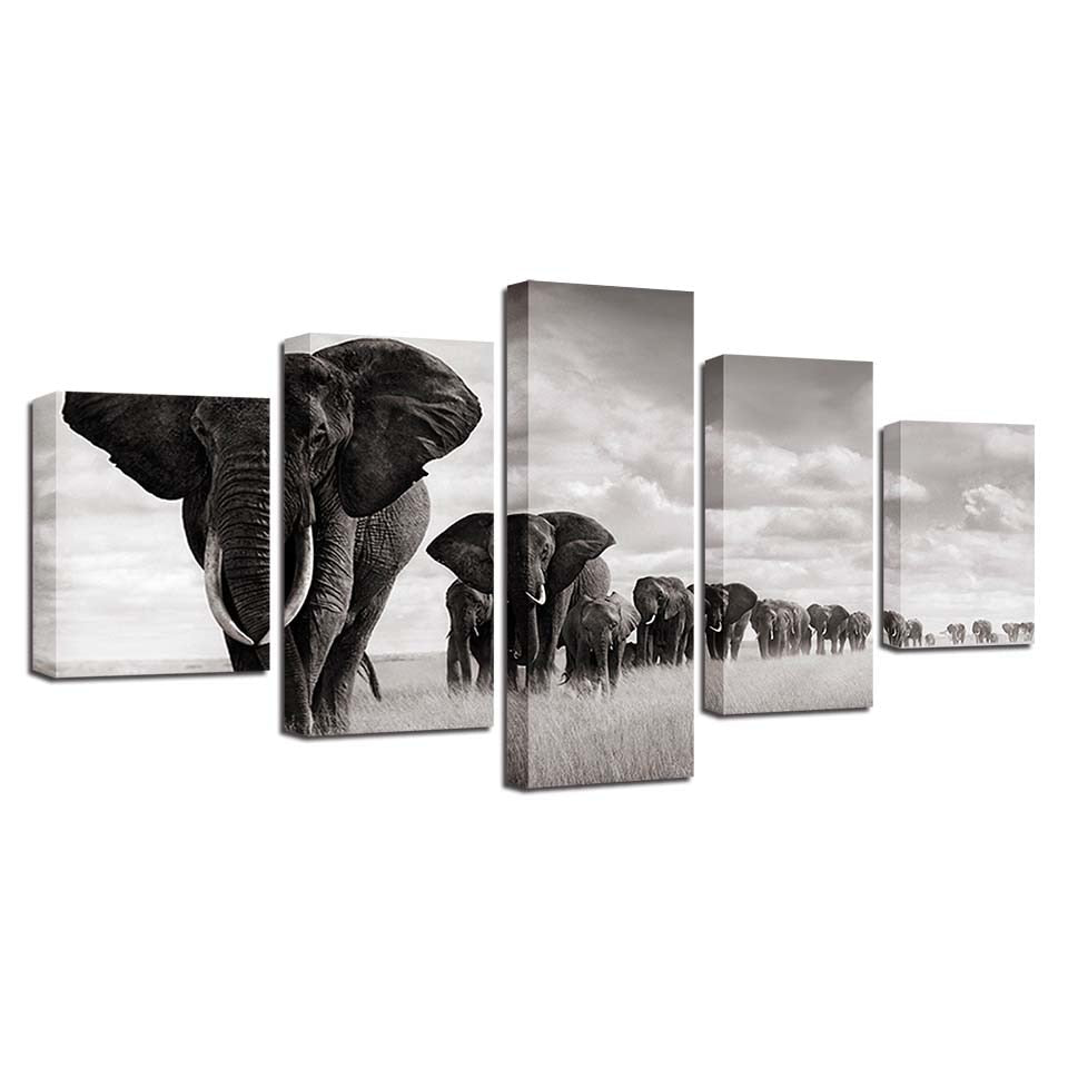 Elephant Herd Black & White Animal Framed 5 Piece Canvas Wall Art
