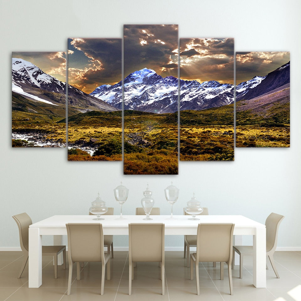 Sky Ice & Cloudy Mountain Grassland Framed 5 Piece Canvas Wall Art