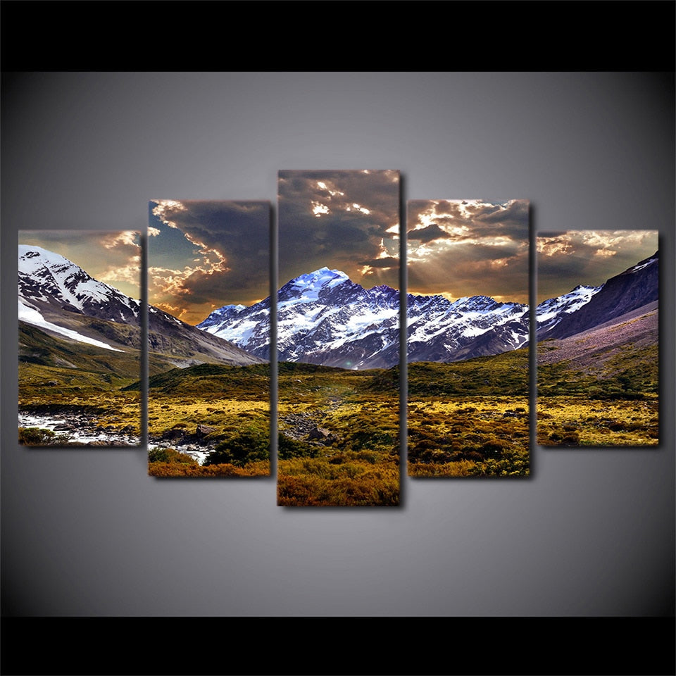 Sky Ice & Cloudy Mountain Grassland Framed 5 Piece Canvas Wall Art