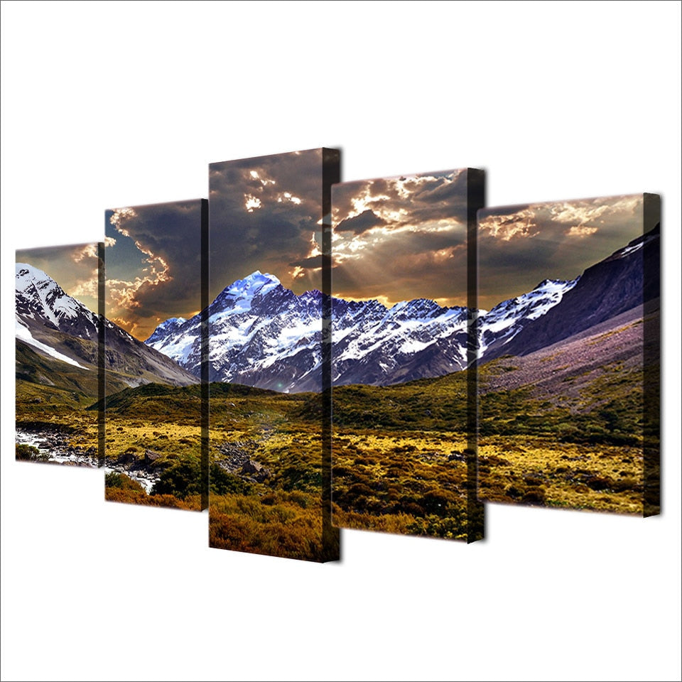 Sky Ice & Cloudy Mountain Grassland Framed 5 Piece Canvas Wall Art