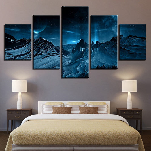 Blue Aurora Borealis Snowy Rocky Mountain Night Framed 5 Piece Canvas Wall Art