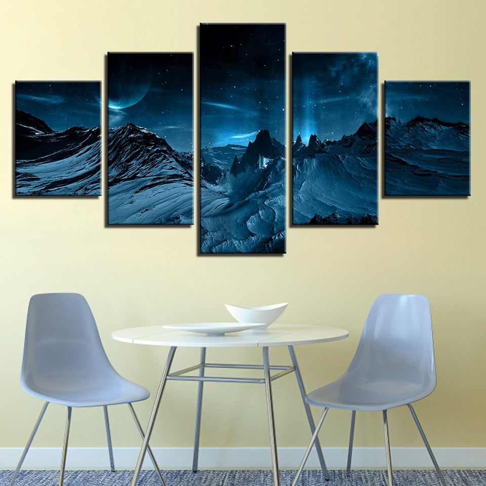 Blue Aurora Borealis Snowy Rocky Mountain Night Framed 5 Piece Canvas Wall Art