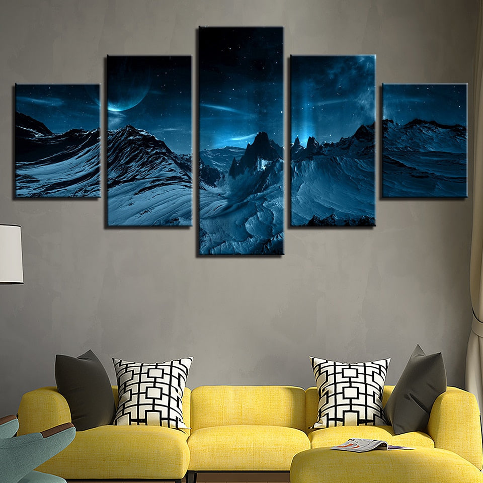 Blue Aurora Borealis Snowy Rocky Mountain Night Framed 5 Piece Canvas Wall Art