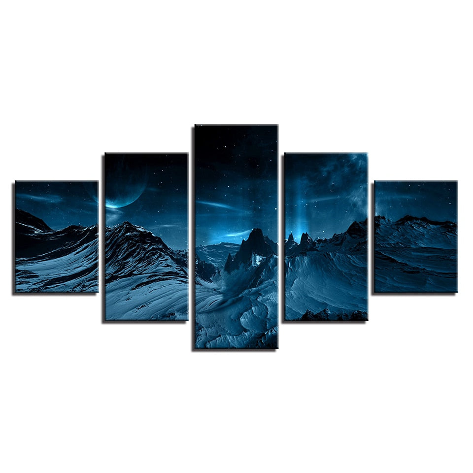 Blue Aurora Borealis Snowy Rocky Mountain Night Framed 5 Piece Canvas Wall Art