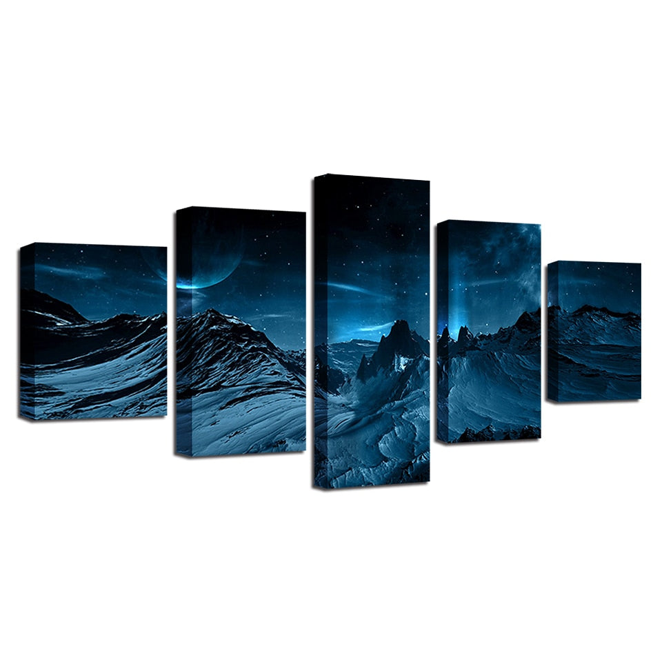 Blue Aurora Borealis Snowy Rocky Mountain Night Framed 5 Piece Canvas Wall Art