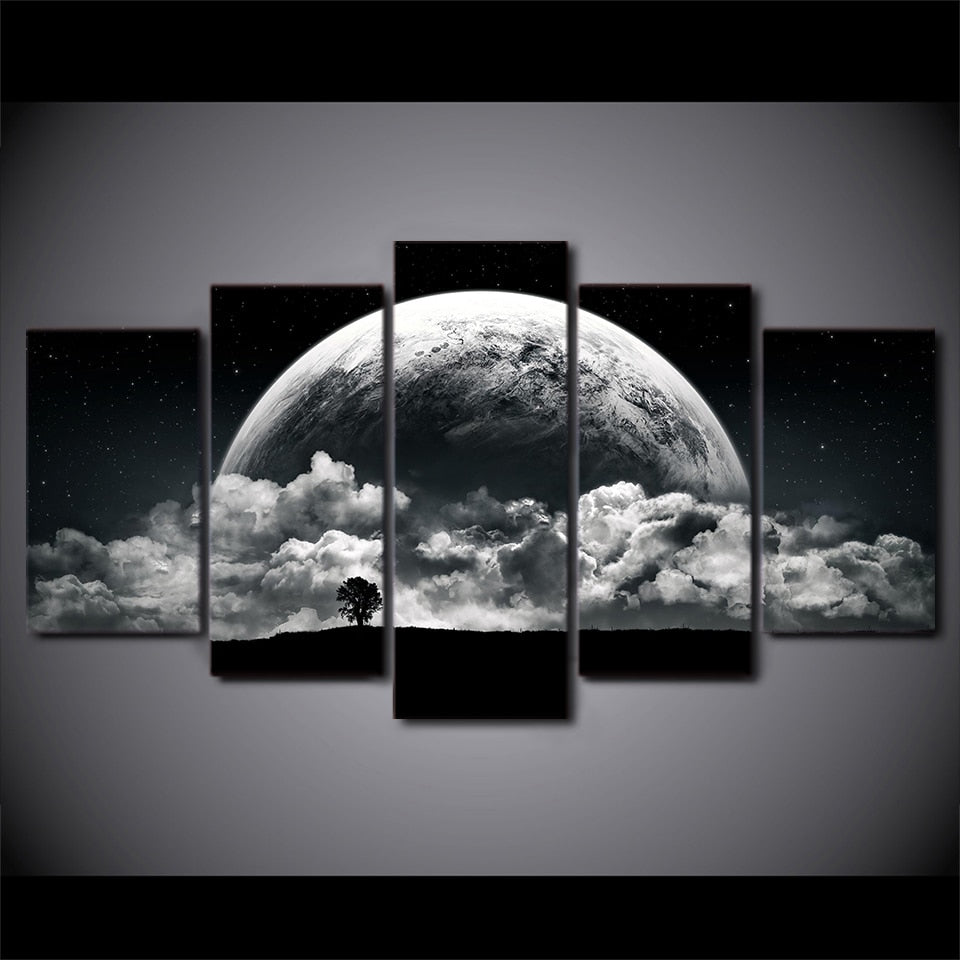 Planet & Clouds Black & White Framed 5 Piece Canvas Wall Art