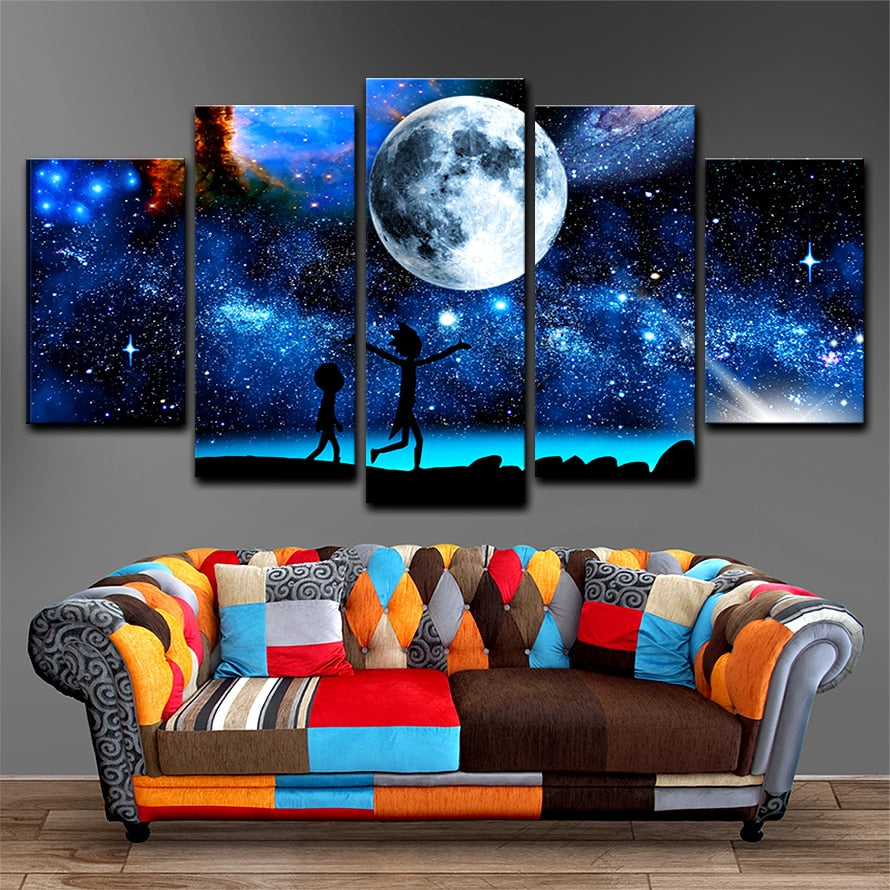 Rick And Morty Starry Sky Moon & Space Framed 5 Piece Canvas Wall Art