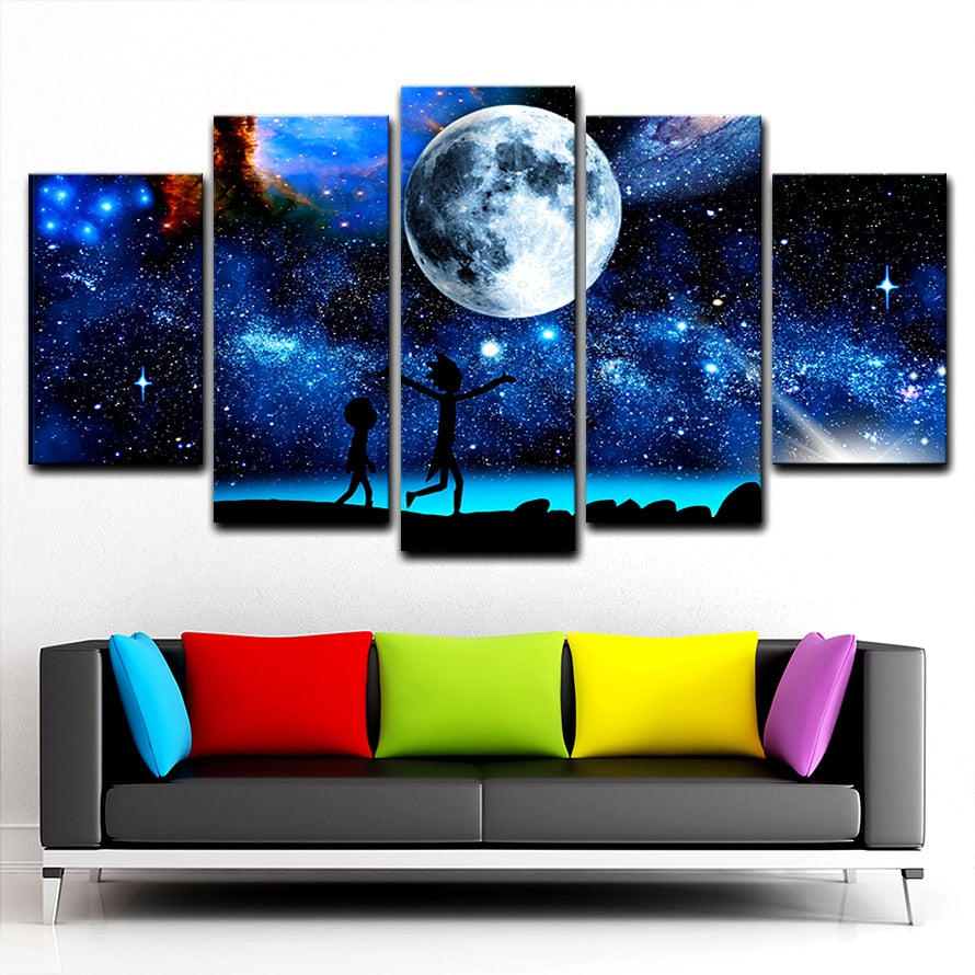 Rick And Morty Starry Sky Moon & Space Framed 5 Piece Canvas Wall Art