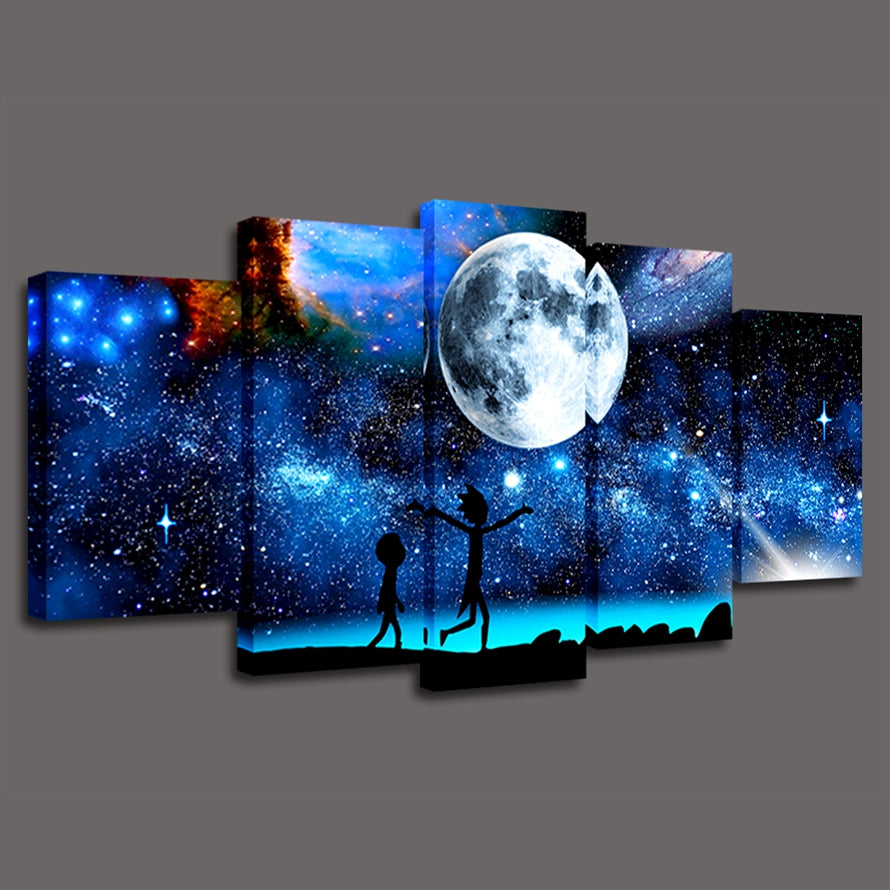 Rick And Morty Starry Sky Moon & Space Framed 5 Piece Canvas Wall Art