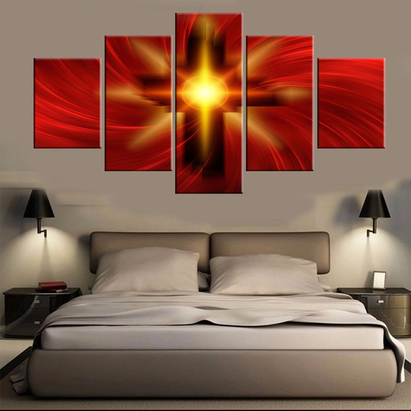 Swirling Light Christian Cross Framed 5 Piece Canvas Wall Art