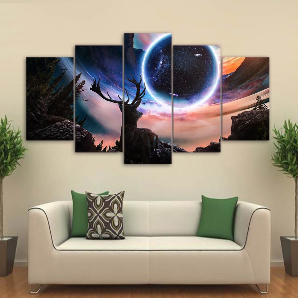 Stars Outer Space Moon & Planet Deer Animal Framed 5 Piece Canvas Wall Art
