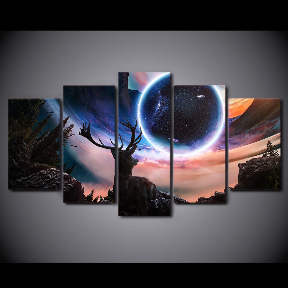 Stars Outer Space Moon & Planet Deer Animal Framed 5 Piece Canvas Wall Art