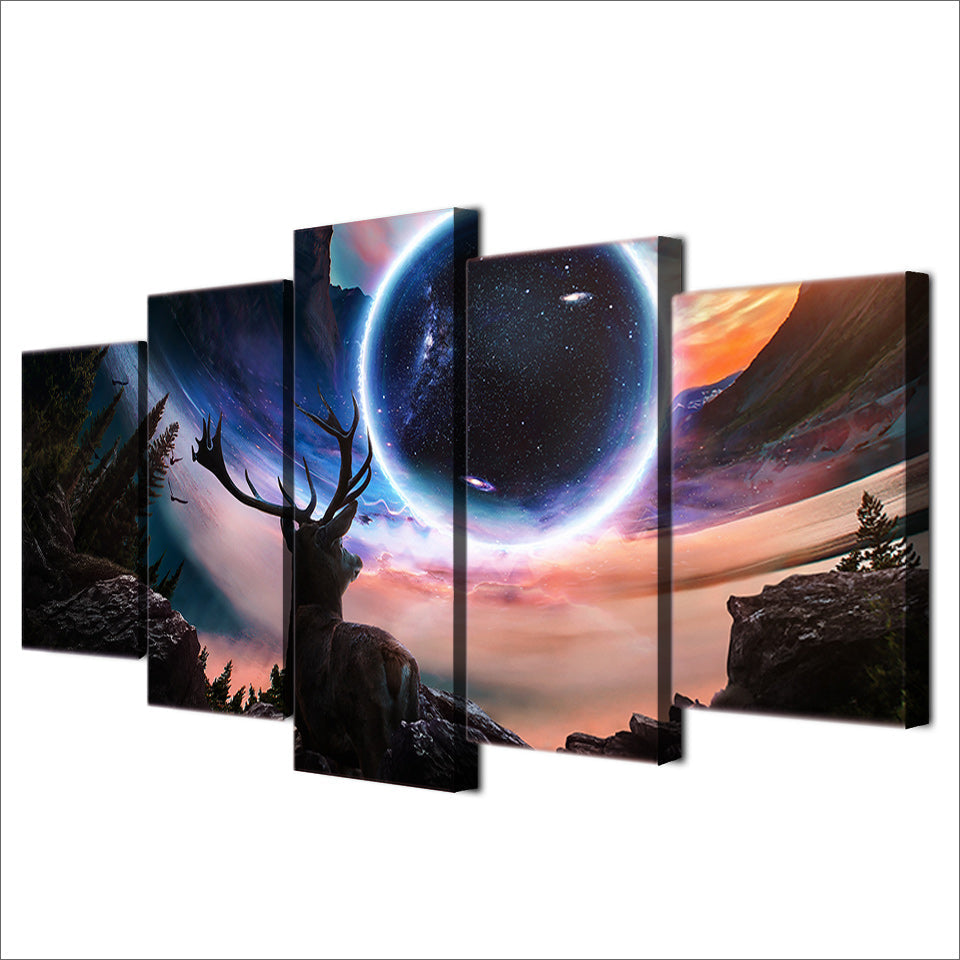 Stars Outer Space Moon & Planet Deer Animal Framed 5 Piece Canvas Wall Art