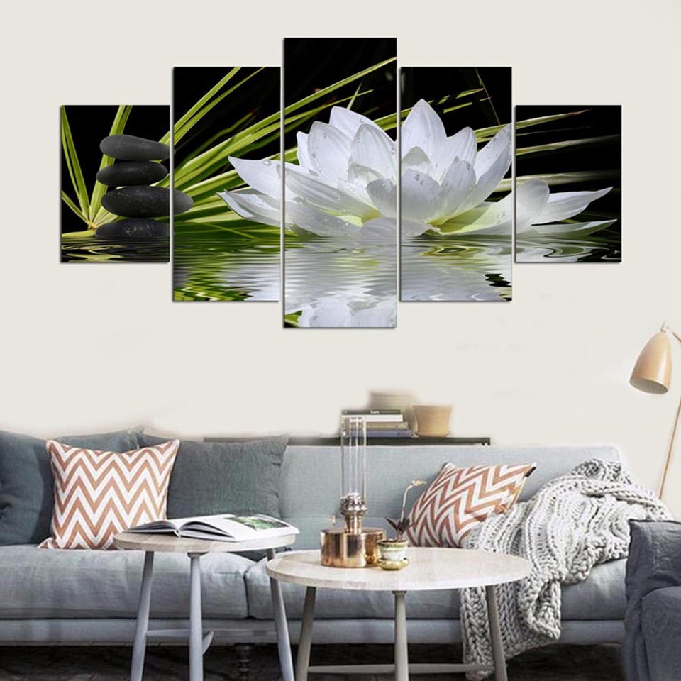 Lotus Flower Water Cobblestone 5 Piece Canvas Wall Art
