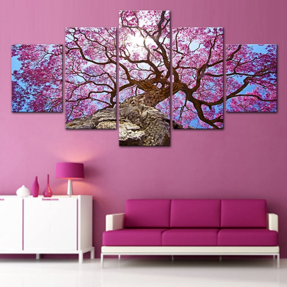 Beautiful Pink Cherry Tree Framed 5 Piece Canvas Wall Art