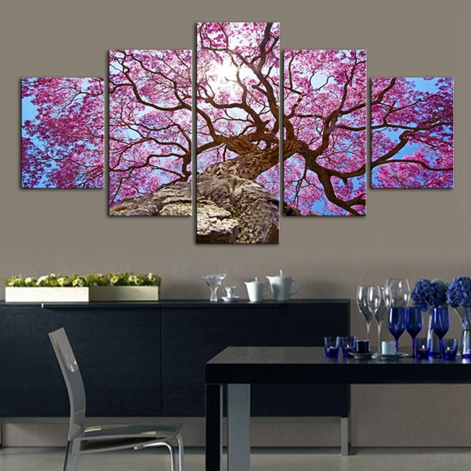 Beautiful Pink Cherry Tree Framed 5 Piece Canvas Wall Art