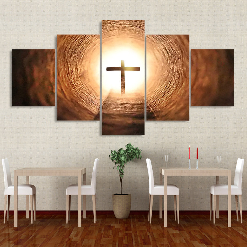 Glowing Cross In Light Tunnel Framed 5 Piece Canvas Wall Art
