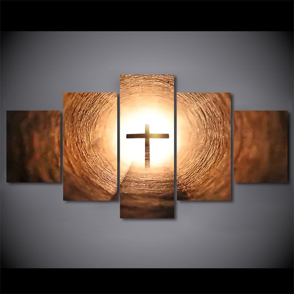 Glowing Cross In Light Tunnel Framed 5 Piece Canvas Wall Art