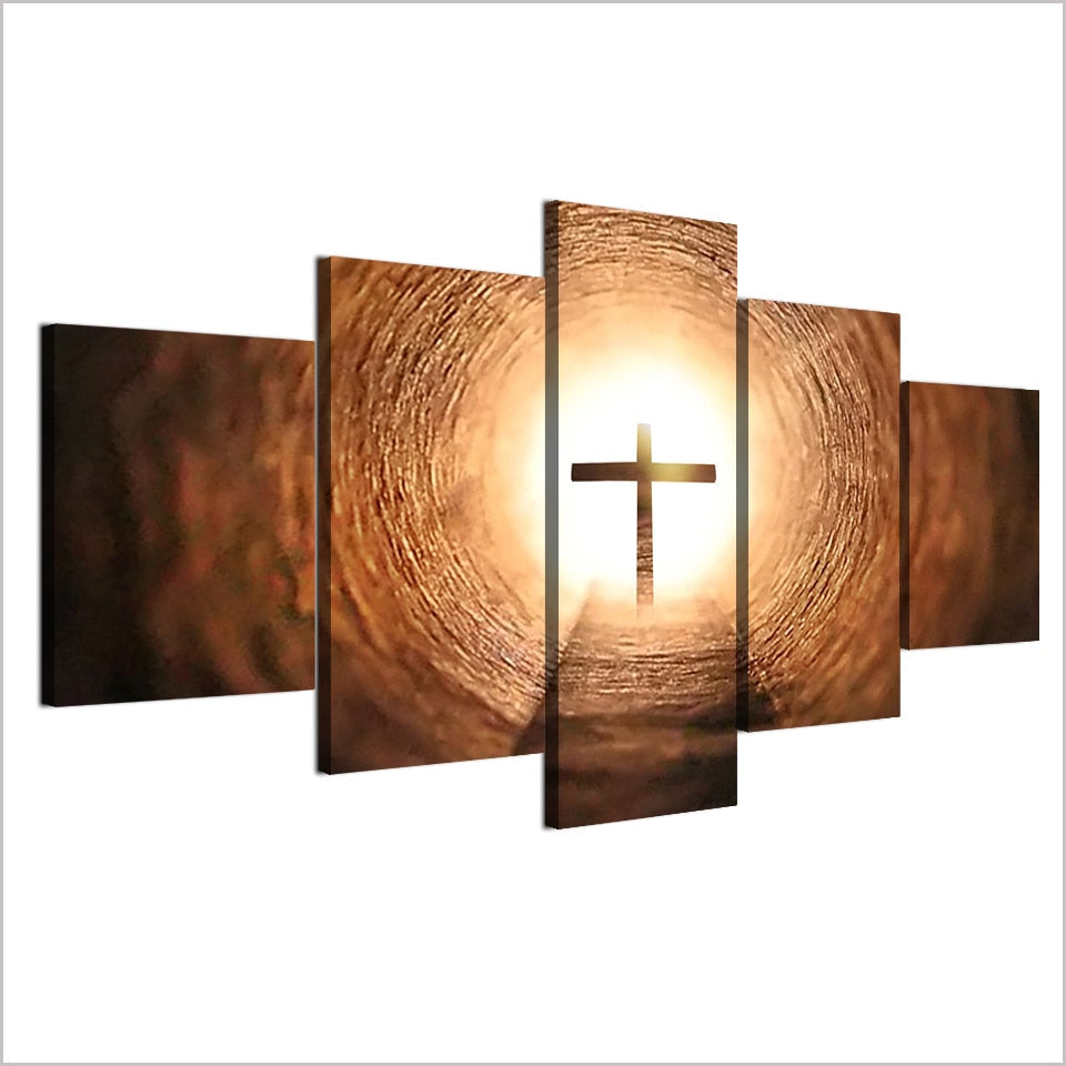 Glowing Cross In Light Tunnel Framed 5 Piece Canvas Wall Art