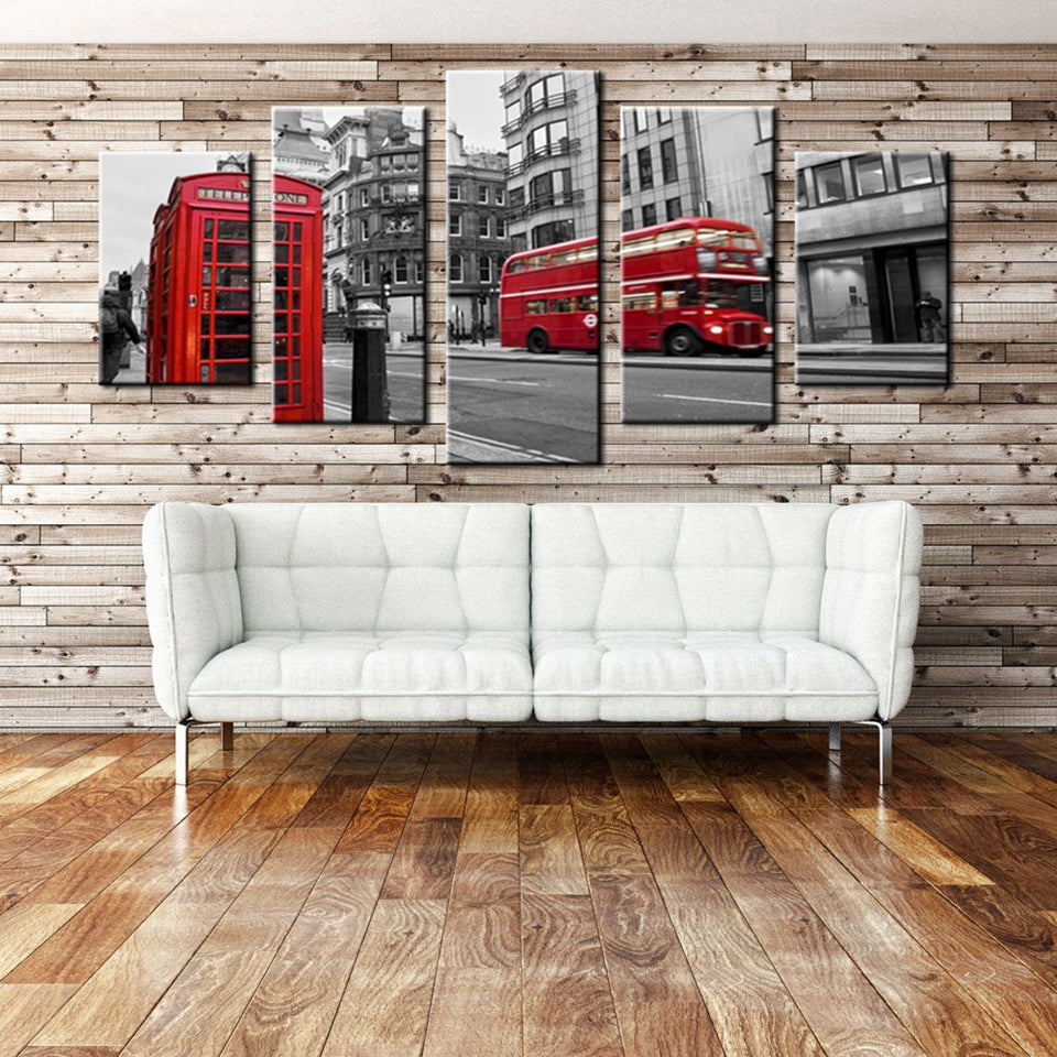 London City UK Street Scene Red Bus & Vintage Buildings Framed 5 Piece Canvas Wall Art