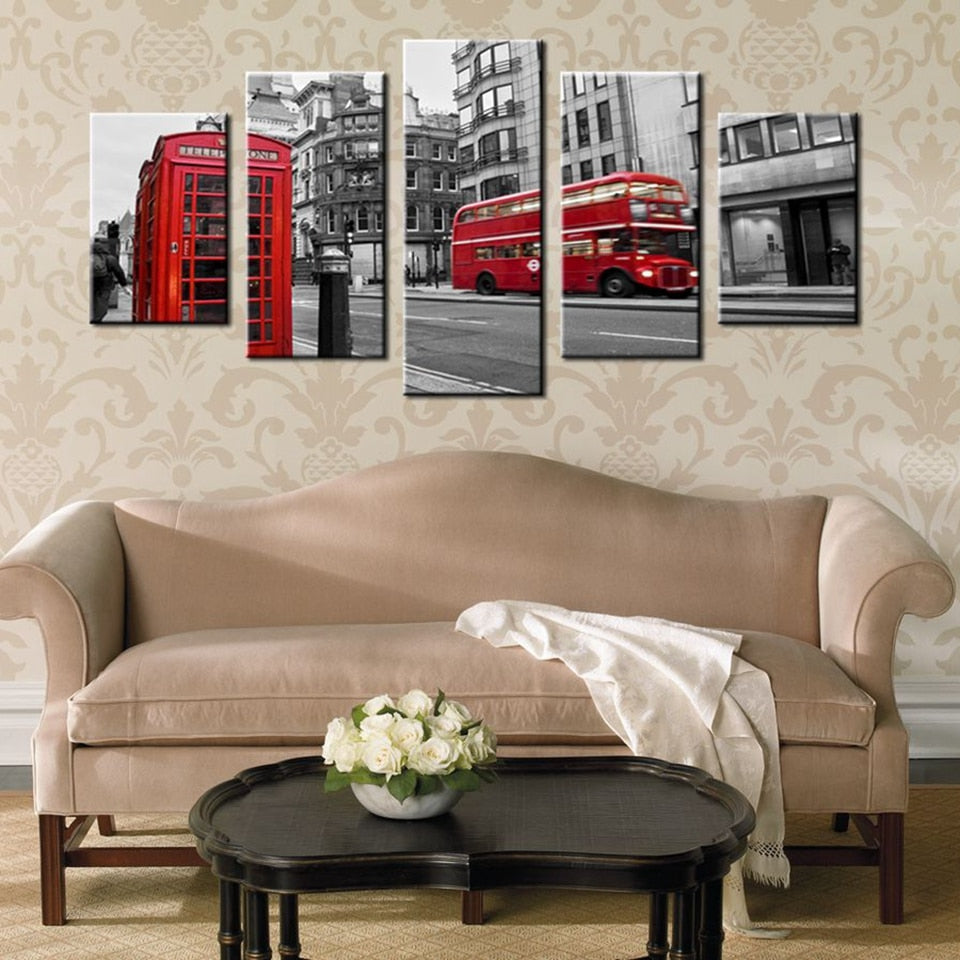 London City UK Street Scene Red Bus & Vintage Buildings Framed 5 Piece Canvas Wall Art