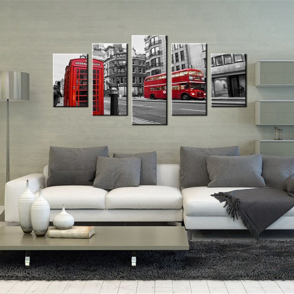 London City UK Street Scene Red Bus & Vintage Buildings Framed 5 Piece Canvas Wall Art